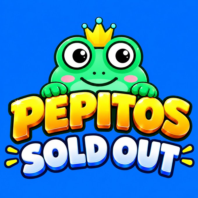 A colorful cartoon logo featuring a green frog wearing a golden crown above the stylized text 'PEPITOS SOLD OUT' on a blue background.