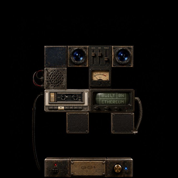 A robot-like figure made of vintage audio equipment features a screen displaying 'BUILT ON ETHEREUM'.