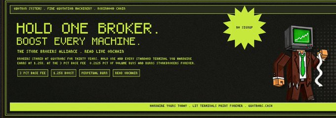 A cryptocurrency banner for the 'STONE BROKERS ALLIANCE' features pixel art, the slogan 'HOLD ONE BROKER. BOOST EVERY MACHINE.', and details about 'READ LIVE ORCHAIN' yield mechanics.