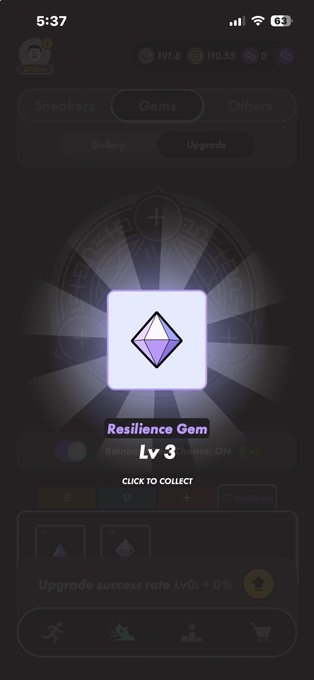 A mobile game reward screen displaying a 'Resilience Gem Lv 3' ready to collect, with stats showing 191.8 and 110.35 at the top.