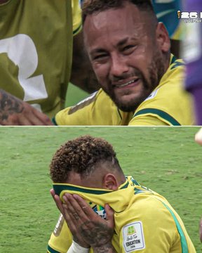 A two-panel image showing soccer player Neymar in a yellow Brazil jersey crying emotionally on the field in both photos, with the bottom image also showing him covering his face with a jersey.