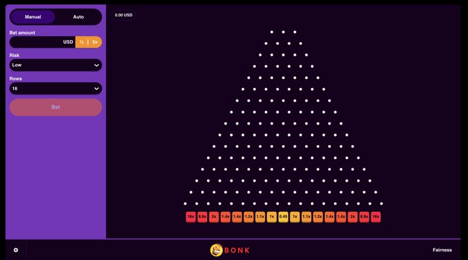 The image shows a Plinko-style casino game on Betmode featuring a triangular peg board with multiplier values ranging from 16x at the edges to 0.3x in the center, set to "Low" risk with 16 rows. The poster is configuring a $1 bet, aligning with their post about trying their luck on the game and hoping for a big win to fund their promised $100 giveaway.