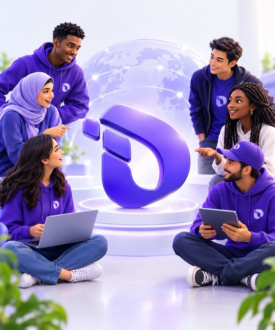 A group of diverse people in purple hoodies gather around a large purple logo with a globe in the background, representing a global brand or community.