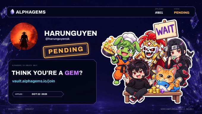 A dark blue “ALPHAGEMS” membership card graphic for “HARUNGUYEN,” marked “PENDING,” with the message “THINK YOU’RE A GEM?” and cartoon characters holding a “WAIT” sign.