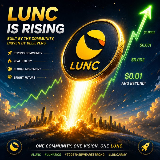 A promotional graphic for $LUNC (Terra Classic) features a glowing rocket-liftoff coin emblem ascending from a cityscape with an upward green price chart marked at $0.0002, $0.001, $0.002, and "$0.01 AND BEYOND!", alongside the tagline "LUNC IS RISING — Built by the Community, Driven by Believers," reinforcing the post's "BIG PUMP IS COMING" message.
