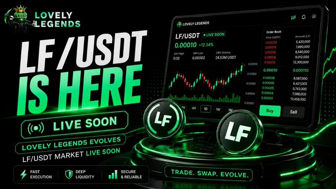 This image advertises the "LF/USDT IS HERE" and "LF/USDT MARKET LIVE SOON" launch on Lovely Legends, featuring a trading interface showing LF/USDT price and order book details.