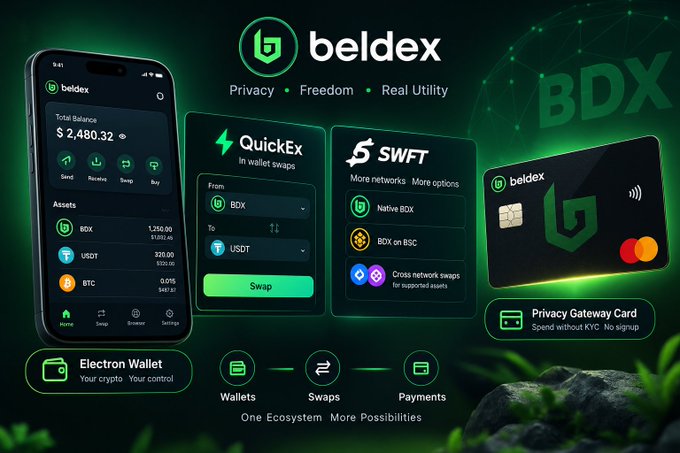 A promotional graphic for the 'beldex' cryptocurrency ecosystem, featuring a smartphone app interface showing a total balance of $2,480.32, alongside information for 'QuickEx' swaps and 'SWFT' services.