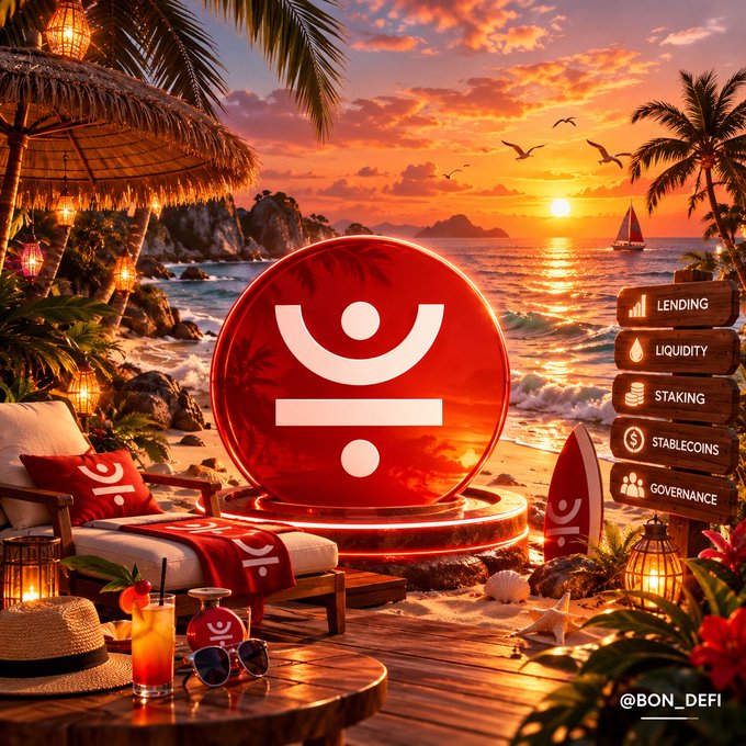 A sunset beach scene featuring a large red circular logo with a symbol, accompanied by menu options including Lending, Liquidity, Staking, Stablecoins, and Governance, with the handle '@BON_DEFI'.