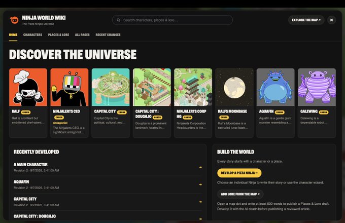 A screenshot of the 'NINJA WORLD WIKI' homepage titled 'DISCOVER THE UNIVERSE', featuring characters like RALS, NINJALERTS CEO, AQUAFIN, and GALWING.