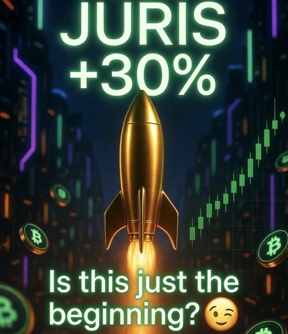 A promotional graphic showing a gold rocket launching with flames, surrounded by cryptocurrency symbols and a candlestick chart, with the text 'JURIS +30%' at the top and 'Is this just the beginning? 😉' at the bottom.