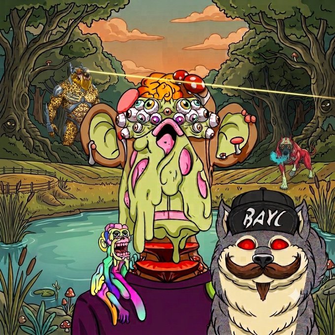 A surreal digital artwork featuring a melting, multi-eyed creature in the center, flanked by a leopard-headed cyborg, a red humanoid figure, a rainbow monkey, and a Shiba Inu wearing a cap that reads "BAYC".