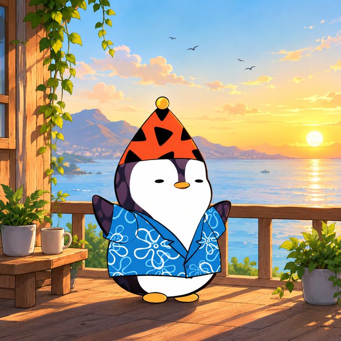 An illustration of a cartoon penguin wearing a blue floral yukata and a red triangular hat, standing on a wooden deck overlooking a sunset ocean scene.