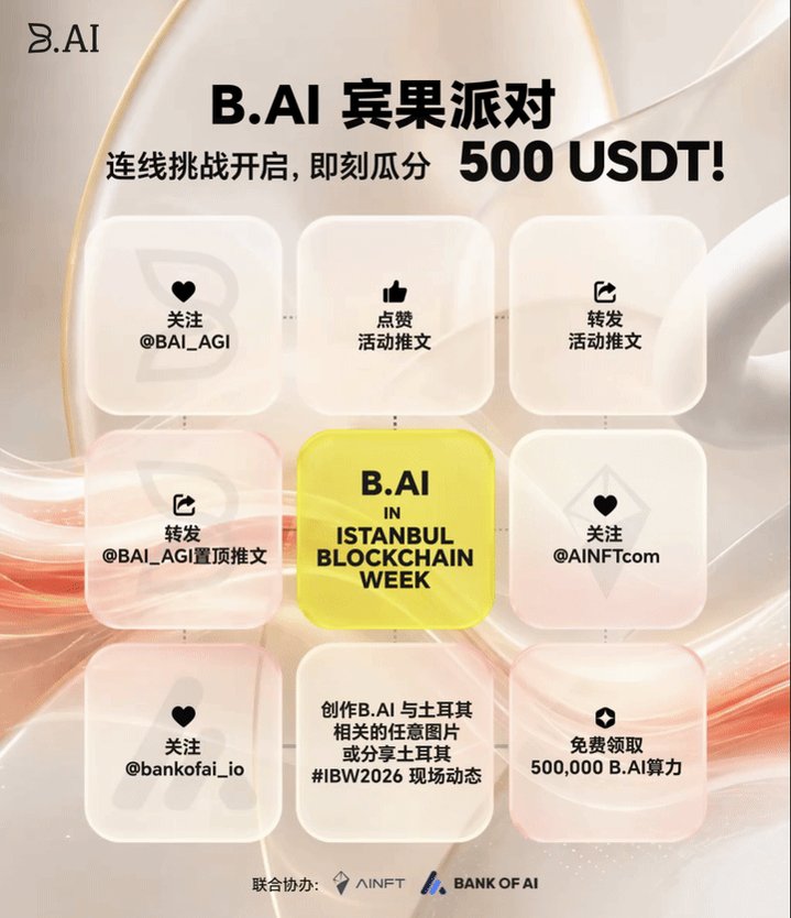 The image features a poster for an event called "B.AI B.ai 500 USDT week" that includes a yellow square with the words "B.AI" written above it, along with other information about the event. The poster also has a list of logos and social media handles associated with the event on it.