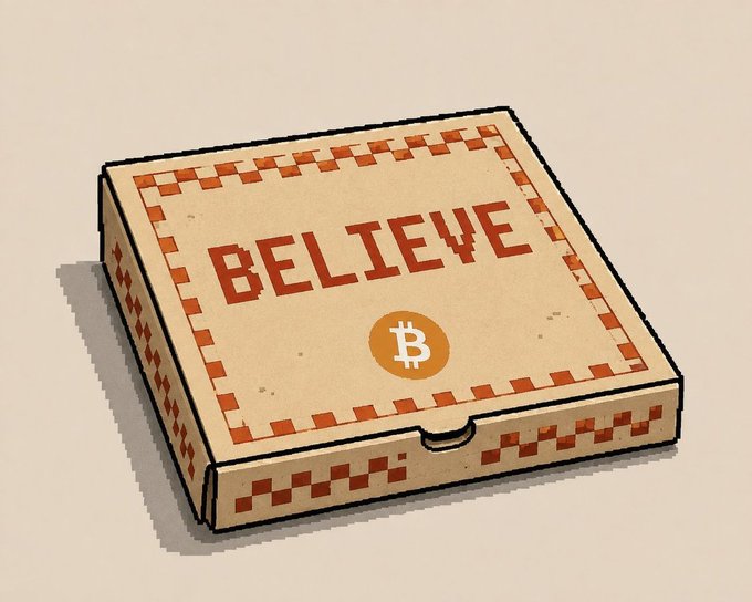 An illustrated pizza box with the word 'BELIEVE' in red lettering and an orange Bitcoin logo in the center, set against a beige background.