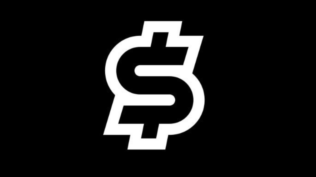 A white logo on a black background depicting a dollar sign with a vertical line struck through it, symbolizing anti-capitalism.