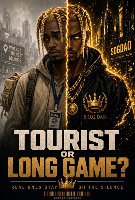 A promotional poster titled "TOURIST OR LONG GAME?" featuring a split image of a man as both a tourist with a "LOST" lanyard and a powerful figure with gold chains, alongside "SOGDAO" branding and crown imagery.