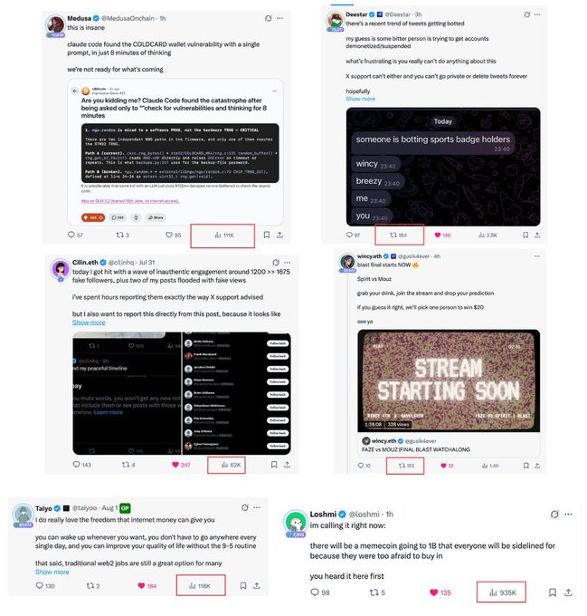 A collage of six Twitter/X posts from users including Medusa, Devsatar, Cillin.eth, winyeth, Taiyo, and Loshmi discussing bots, fake engagement, and Twitter promotion views.