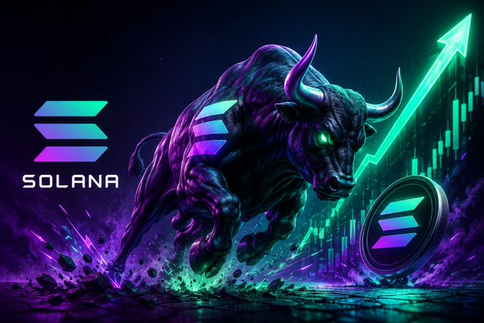 A charging neon bull charges through purple and green energy alongside the Solana (SOL) logo and a green rising arrow piercing a SOL coin, symbolizing bullish momentum aligned with the post's "Bullish on ANSEM, Bullish on SOL" sentiment.
