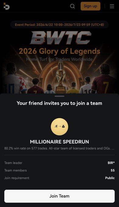 The image shows a Bitbase app screen with a "BWTC 2026 Glory of Legends" trading event banner at the top and a popup inviting the user to join the "MILLIONAIRE SPEEDRUN" team, which has an 80.2% win rate on 577 trades. It relates to the post by displaying the Bitbase platform and team invitation referenced in the giveaway entry requirement, where followers must drop their Bitbase UID to enter the $1,000 prize draw.
