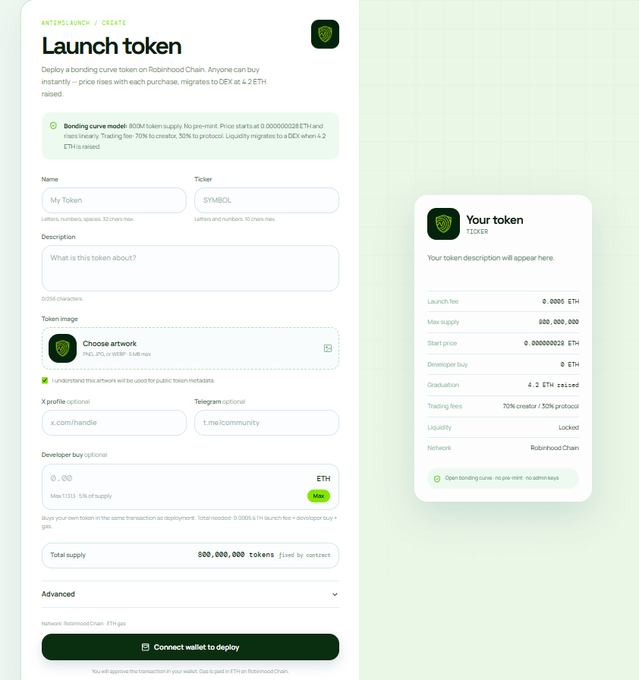 A screenshot of an 'ANTESPLUNCH / CREATE' interface for launching a token, showing form fields for Name, Ticker, Description, and Token image, with bonding curve model details on a preview card.