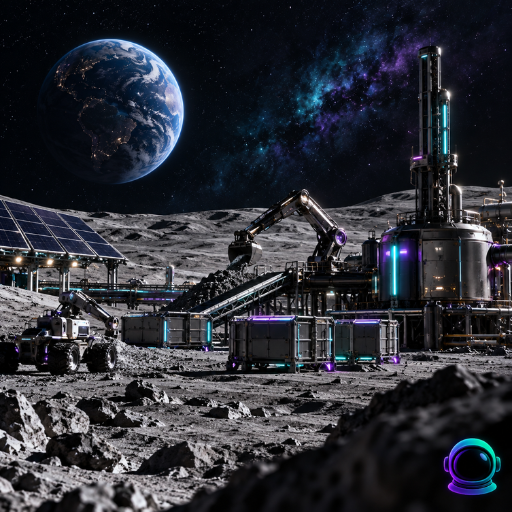 A sci-fi illustration of a moon base or mining facility with solar panels, robotic equipment, and Earth visible in the starry sky.