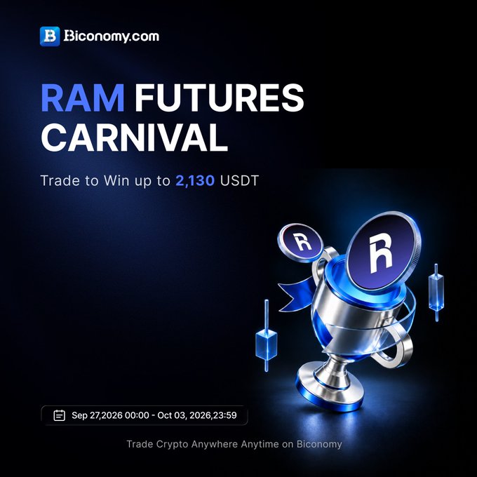 A promotional advertisement from Biconomy.com for the 'RAM FUTURES CARNIVAL' trading event, offering prizes of up to 2,130 USDT, running from Sep 27, 2026 to Oct 03, 2026.