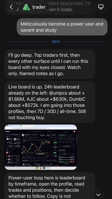 A chat screenshot from a user named 'trader' describing a power-user strategy for a trading platform, with messages about studying traders and reading the leaderboard.