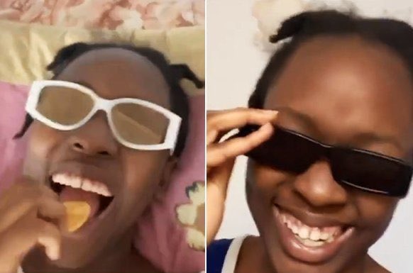 A young woman with braided hair is shown in two side-by-side close-up selfies wearing stylish white-framed and black sunglasses while smiling and eating a snack, appearing as the Galleria NFT founder "Carty" referenced in the post who just revealed mint details that sparked backlash from players who invested significant time grinding the game.