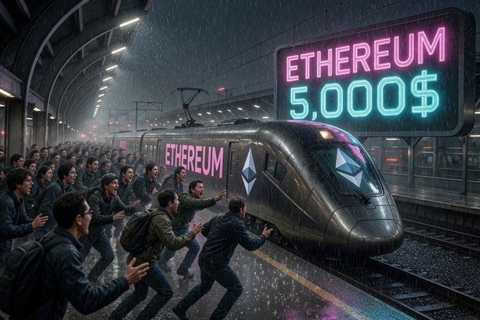 A chaotic train station scene shows a crowd of people rushing toward a sleek, futuristic train emblazoned with "ETHEREUM" and its logo, beneath a large neon sign reading "ETHEREUM 5,000$." The image visually captures the urgency and FOMO of investors racing to board the Ethereum train before its price reaches $5,000, reinforcing the post's warning that hesitation will mean missing out.