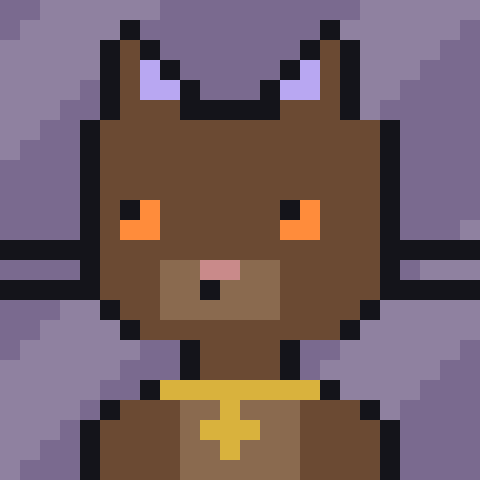 A pixel art illustration of a brown cat-like character with purple eyes and a yellow collar with a cross pendant.
