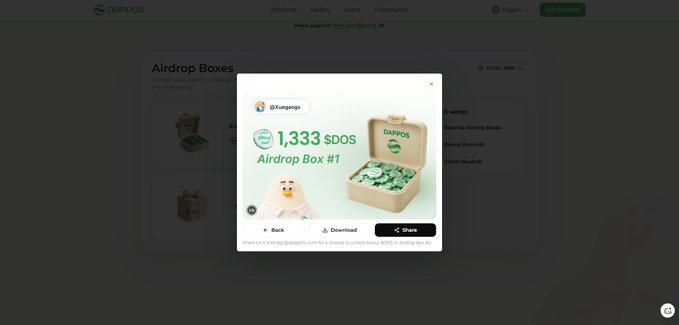 A "DAppOS Airdrop Boxes" webpage displays a popup showcasing Airdrop Box #1 containing 1,333 $DOS tokens, with options to back, download, or share. The image illustrates the user's successful claim of $DOS tokens from the airdrop, supporting their post about receiving 1,333 $DOS and anticipating a potential second airdrop wave.
