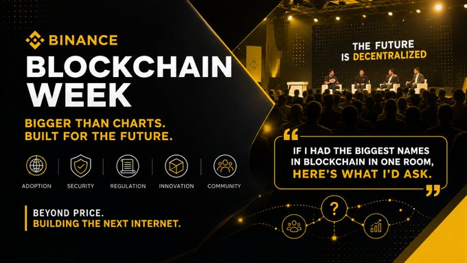 A promotional graphic for 'BINANCE BLOCKCHAIN WEEK' with the tagline 'BIGGER THAN CHARTS. BUILT FOR THE FUTURE.' and themes including 'THE FUTURE IS DECENTRALIZED', featuring icons for Adoption, Security, Regulation, Innovation, and Community.