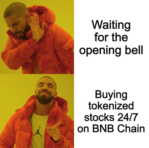 The image shows a man wearing an orange jacket with his hand raised up, possibly making a gesture or pointing at something. The background of the image is white, which contrasts with the bright orange color of the man's jacket. Below the image, there are two posts related to trading tokenized stocks on BNB Chain. One post reads "Waiting for the opening bell", while the other says "Buying tokenized stocks 24/7 on BNB Chain". The posts seem to be discussing the potential risks and benefits of investing in tokenized stocks.