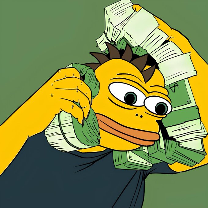 A cartoon illustration of a yellow anthropomorphic duck character with brown hair, carrying a large bundle of green dollar bills strapped to its back, set against a green background.