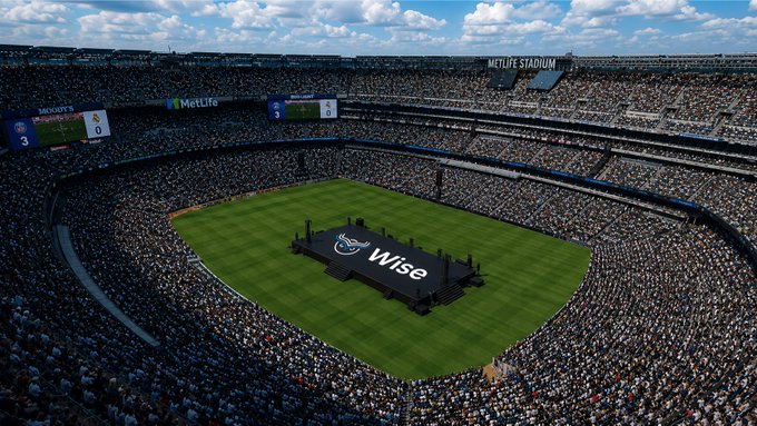 An aerial view of a packed MetLife Stadium with a 'Wise' branded platform on the field.