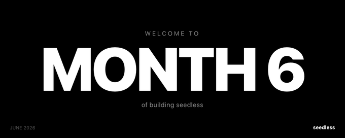 The image features a black and white banner that reads "Welcome to Month 6 of Seedless. Entering month 6. For anyone new: Seedless is a passkey wallet on Solana. No seed phrase. No browser extension. Sign with Face ID. Gas paid for you." The banner also includes the date, which is June 6th. It appears to be promoting a product or service related to cryptocurrency and seedless wallets.