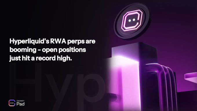 The image is a promotional graphic from OnePointPad announcing that "Hyperliquid's RWA perps are booming - open positions just hit a record high," featuring the Hyperliquid logo and a 3D-rendered "Hyp" text element against a dark purple background. It visually reinforces the post's headline about record-breaking open positions in Hyperliquid's real-world asset perpetual futures markets.