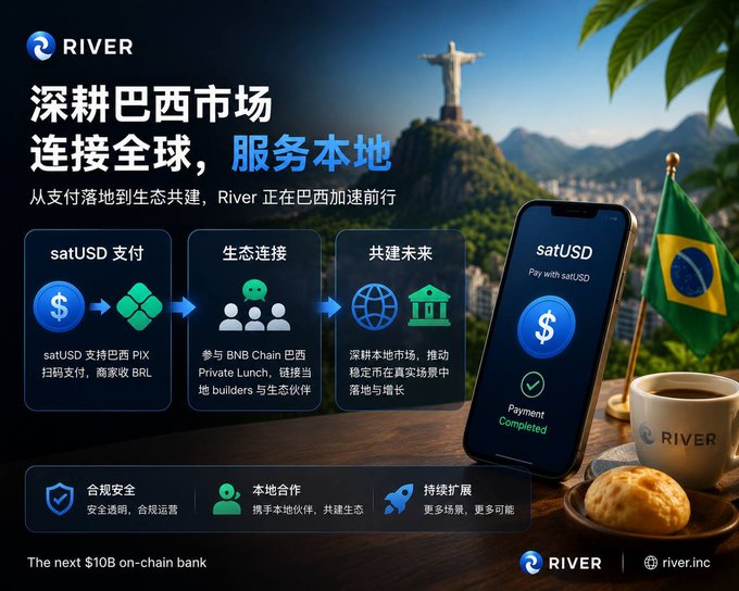 A promotional graphic for RIVER featuring the Christ the Redeemer statue and a Brazilian flag, advertising 'satUSD' payments and expansion into the Brazilian market with text in Chinese.
