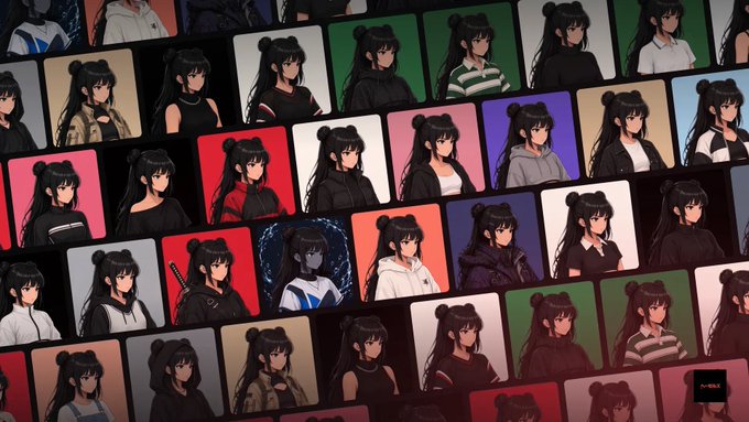 A grid of multiple anime-style illustrations featuring the same female character with black hair in various outfits and backgrounds.