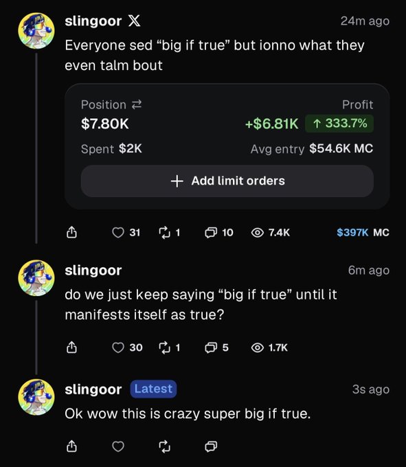 A screenshot of three tweets from user 'slingoor' displaying cryptocurrency trading positions and profits, ending with the text 'Ok wow this is crazy super big if true.'