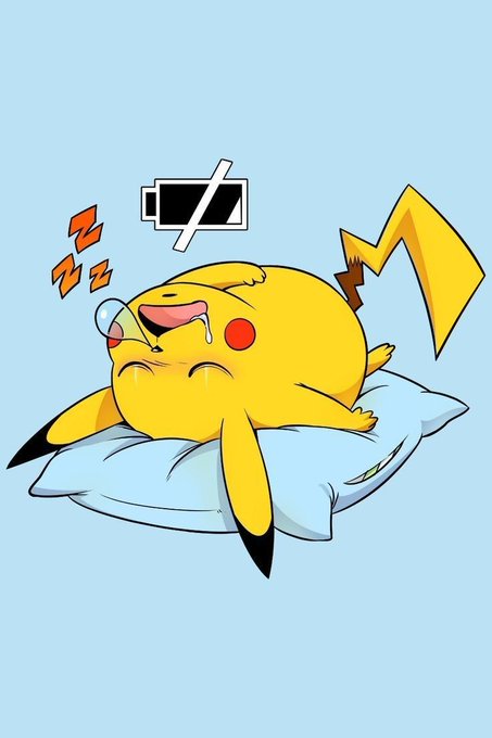 A cartoon illustration of Pikachu sleeping peacefully on a light blue pillow with a low battery icon and "Zzz" floating above its head, indicating it needs rest.