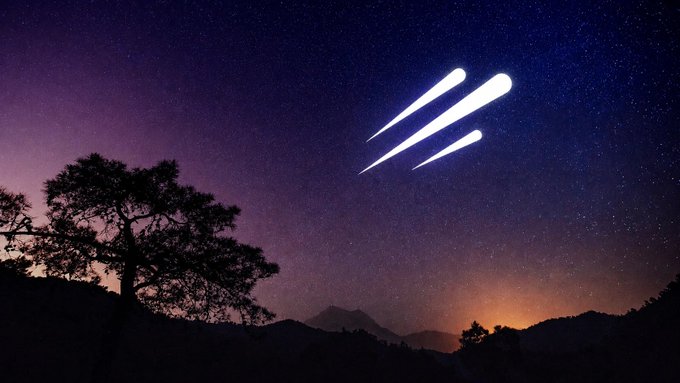 Three glowing meteor streaks blaze across a starry night sky above silhouetted mountains and a lone tree, evoking a sense of wonder and adventure that mirrors the spirit of "KEEP QUESTING. KEEP EXPLORING." The celestial display suggests the rewards awaiting those who venture into the unknown.