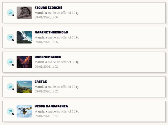 A digital display shows five offers of 30 tg from Mandala, with item titles including 'FIGURE ÉCORCHÉ,' 'MARINE THRESHOLD,' 'UNREMEMBERED,' 'CASTLE,' and 'VESPA MANDARINIA,' all dated 09/01/2026.