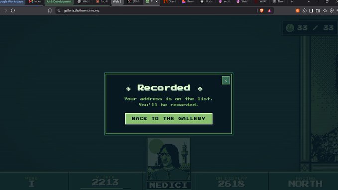 A screenshot of the Galerie platform showing a 'Recorded' confirmation that an address is on the waitlist, with a 'BACK TO THE GALLERY' button and details including client 2213, Medici 2618, and North.