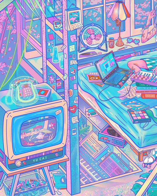 A colorful, dreamy anime-style illustration of a bedroom filled with electronics including a vintage TV displaying 'YUCAI', a laptop on a bed, a fan, a telephone, keyboards, and a synthesizer, rendered in vibrant pink and blue tones.