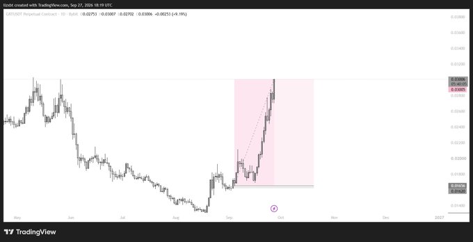 A TradingView chart for RAY/USDT Perpetual Contract showing a significant price increase highlighted in a pink box around early September 2026.