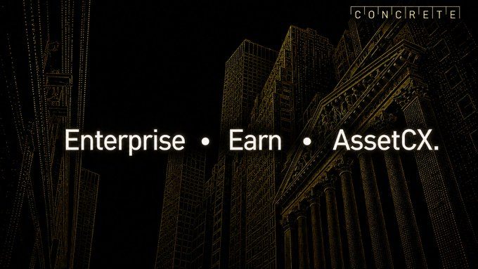 A dark, gold-tinted cityscape graphic with the 'CONCRETE' logo in the top right and the text 'Enterprise • Earn • AssetCX.' displayed across the center.