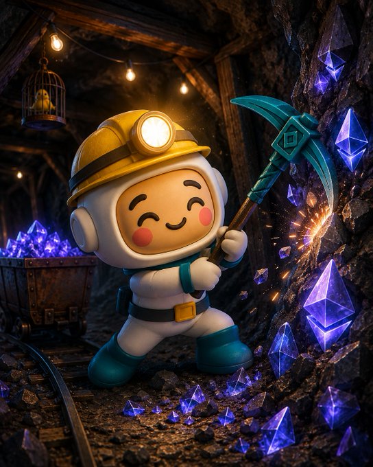 The image features a cartoon character, possibly a robot or a toy, wearing a white shirt and blue pants with a yellow helmet. The character has a large hammer in its hand and is standing next to a pile of rocks. The background shows a cave-like setting with a wooden structure on the left side and a birdcage hanging from the ceiling above it.