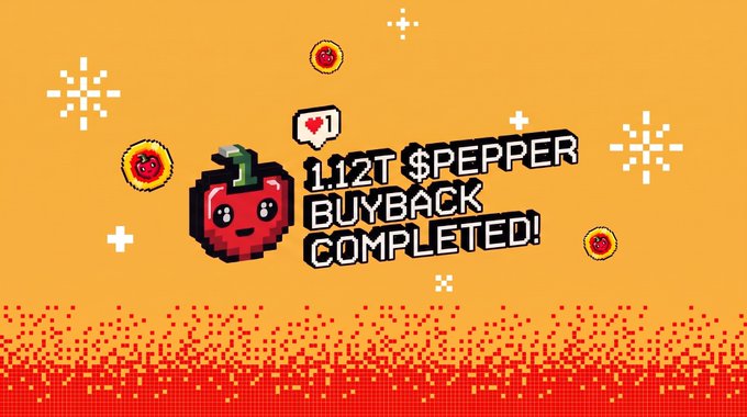 A pixel-art style graphic on a yellow background announces "1.12T $PEPPER BUYBACK COMPLETED!" featuring a cute red pepper character with a heart notification icon.