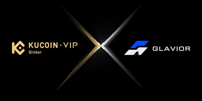 Partnership announcement graphic on black background featuring 'KUCOIN·VIP Broker' logo on the left and 'GLAVIOR' logo on the right, separated by golden X-shaped lines.